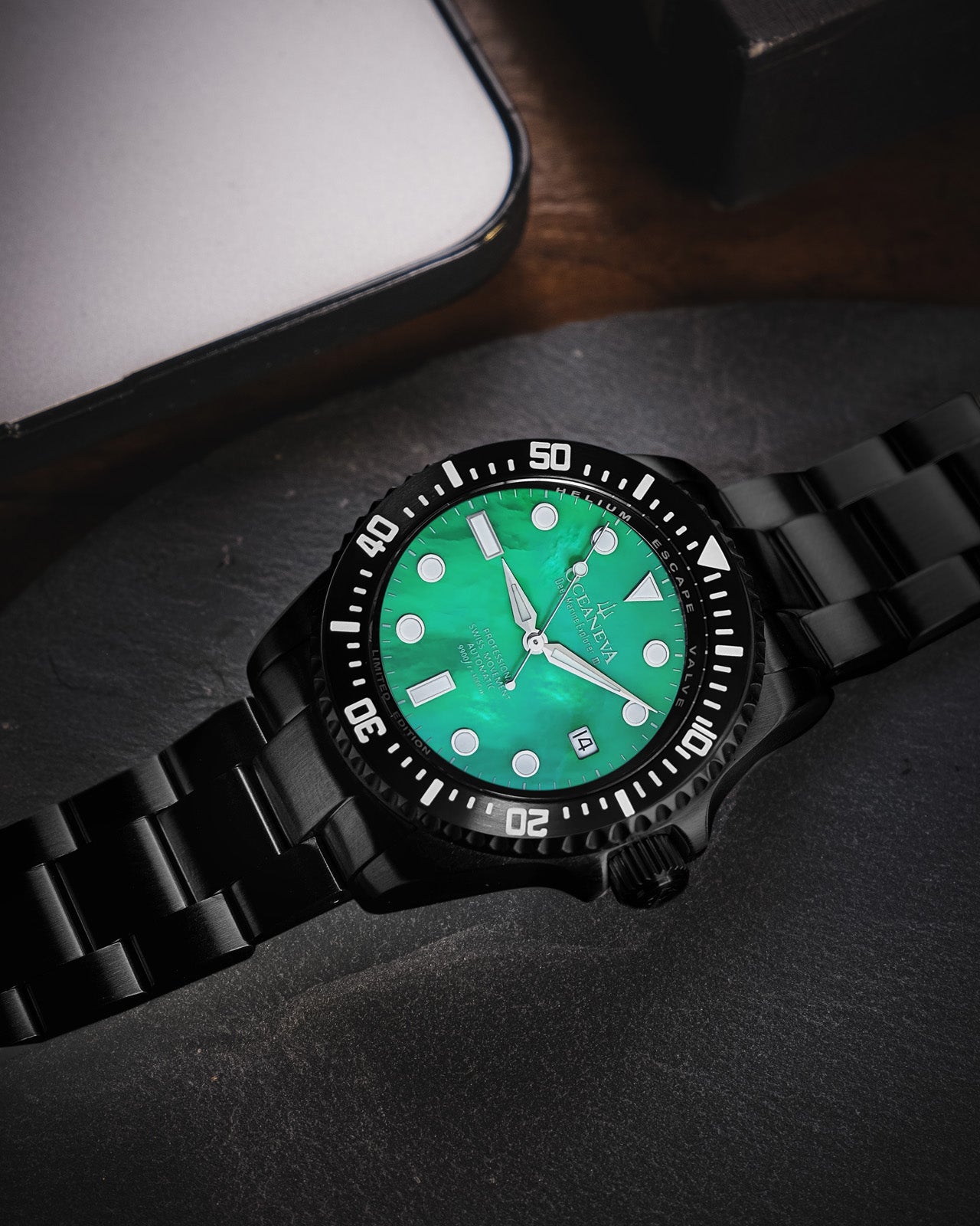 Oceaneva 3000M Dive Watch Green Mother of Pearl Lying Flat