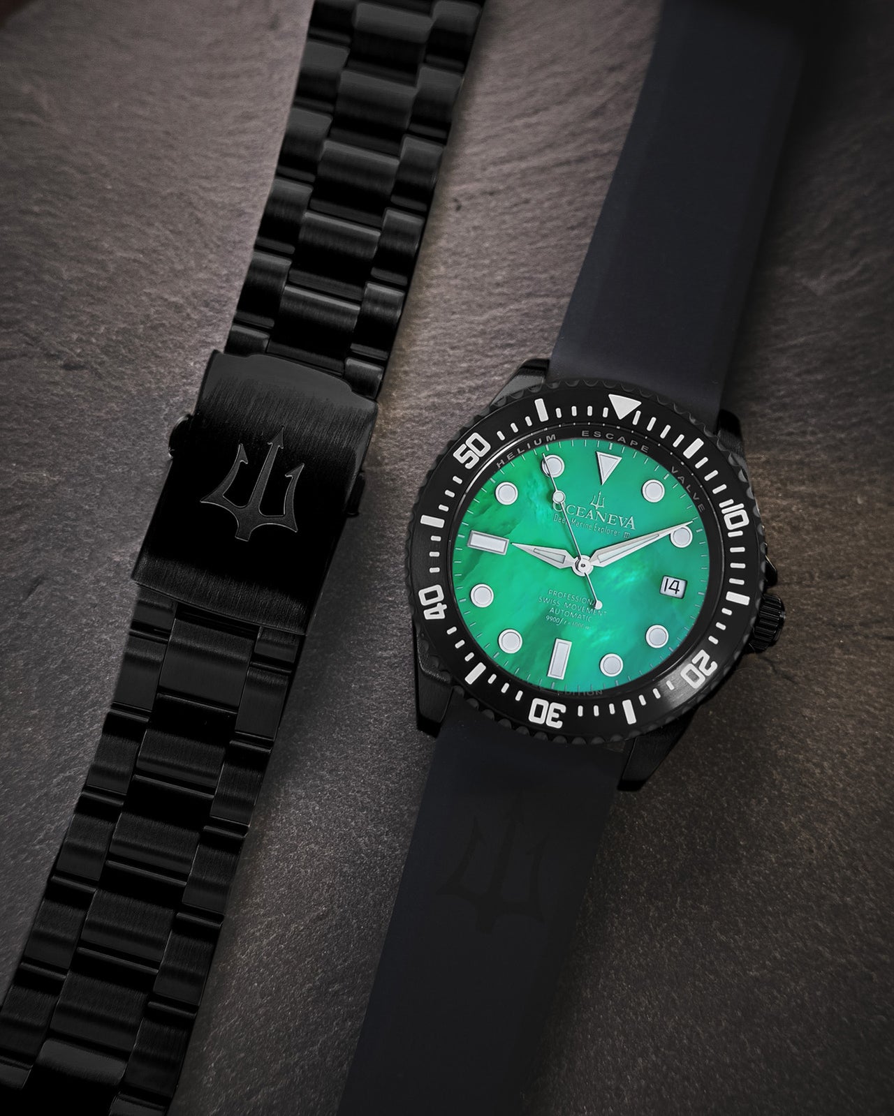 Oceaneva 3000M Dive Watch Green Mother of Pearl Front Pictured With Rubber Strap