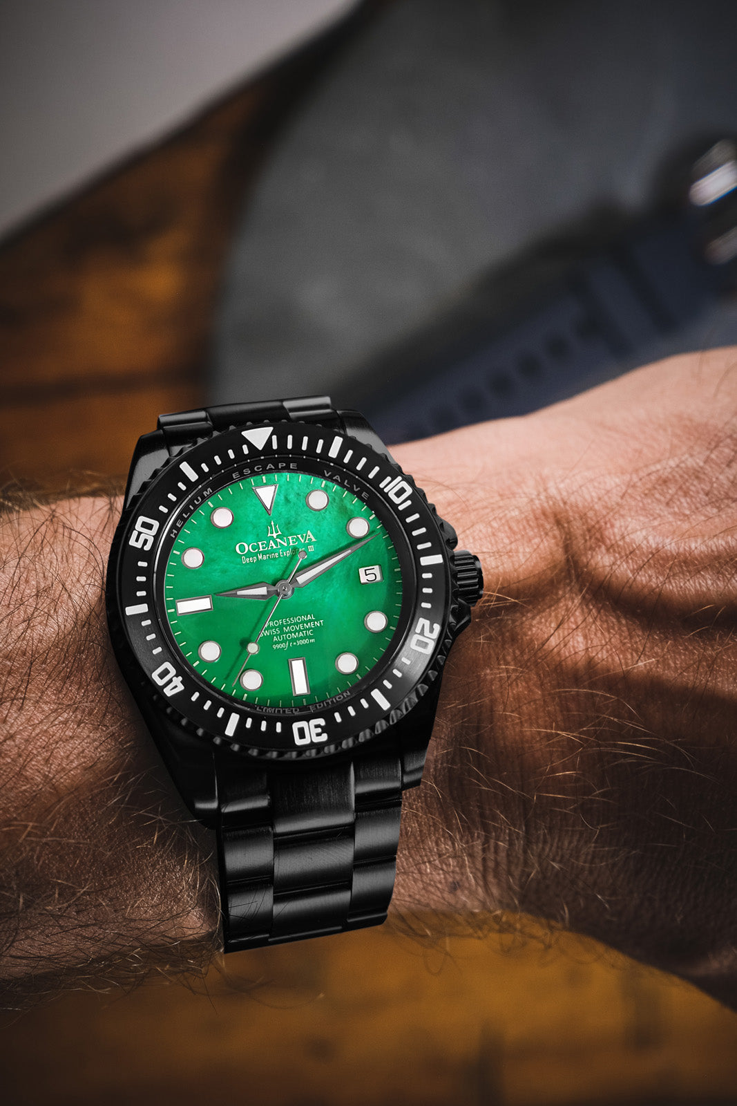 Oceaneva 3000M Dive Watch Green Mother of Pearl On Wrist