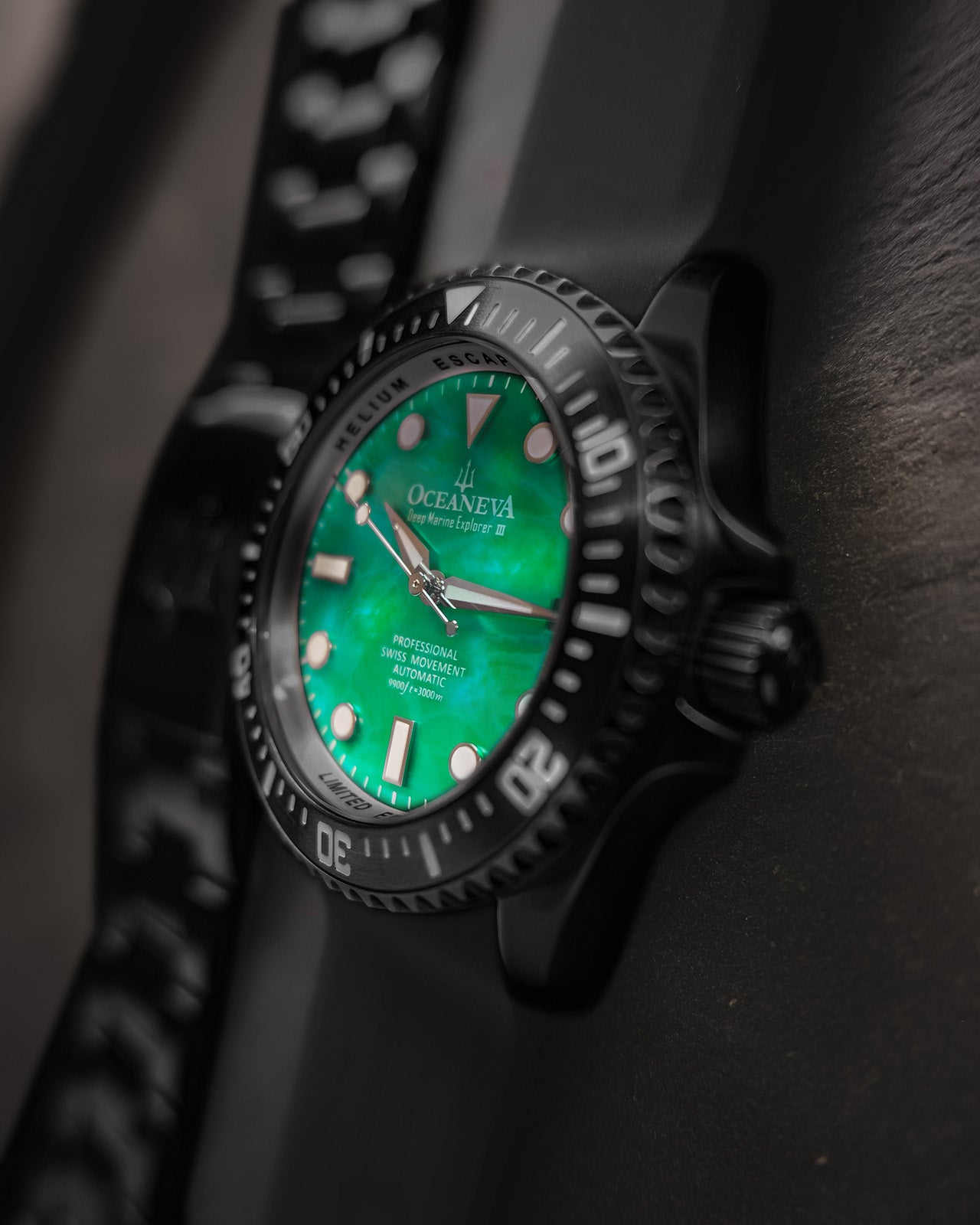 Oceaneva 3000M Dive Watch Green Mother of Pearl Side View With Rubber Strap