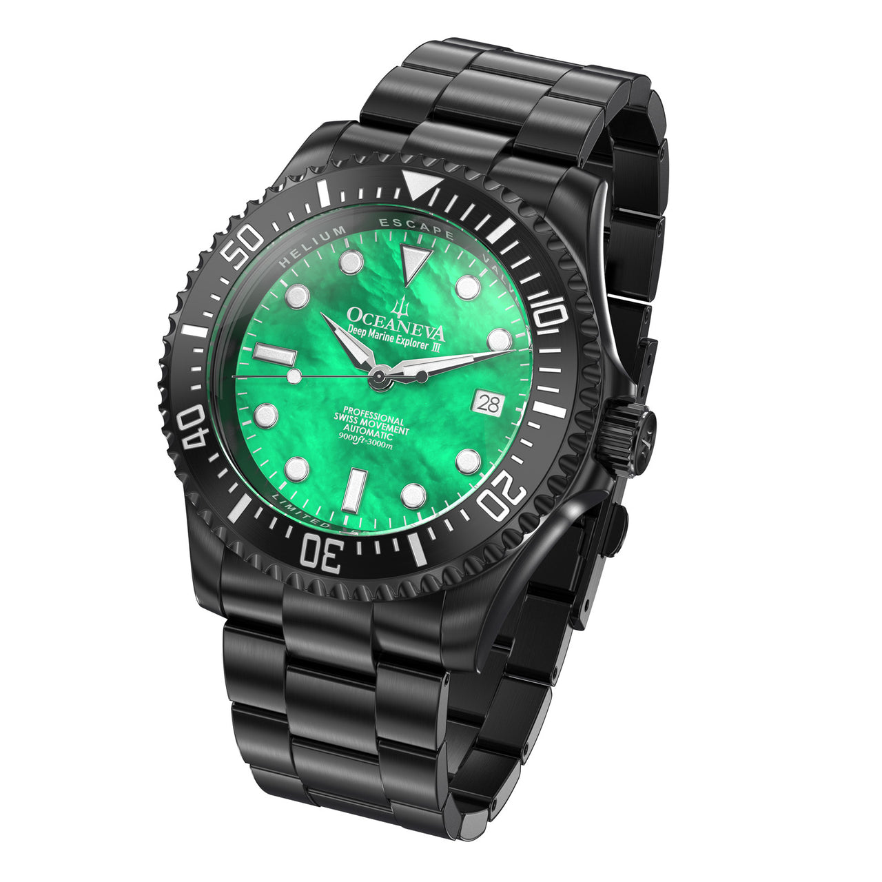 Oceaneva 3000M Dive Watch Green Mother of Pearl Front Picture Slight Left Slant View