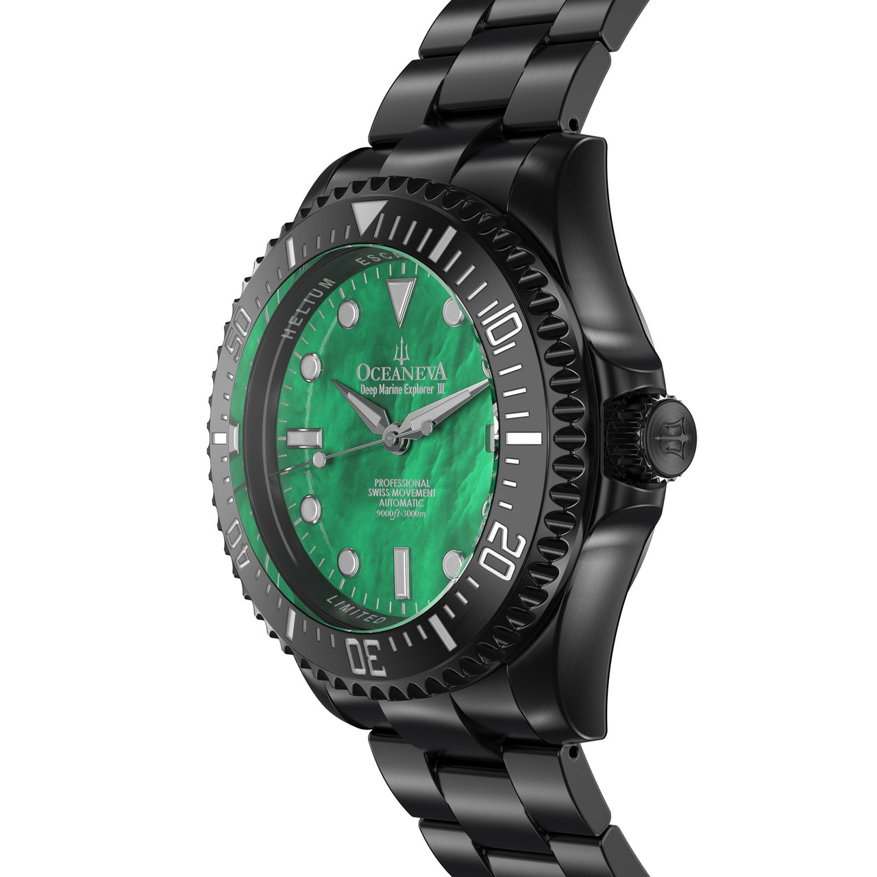 Oceaneva 3000M Dive Watch Green Mother of Pearl Side View Crown