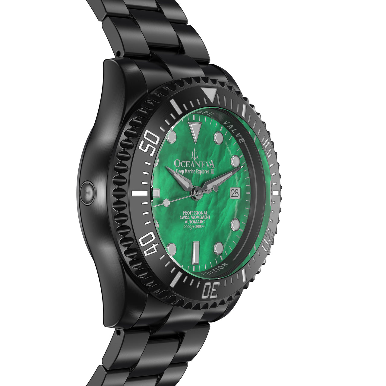 Oceaneva 3000M Dive Watch Green Mother of Pearl Side Helium Escape Valve View