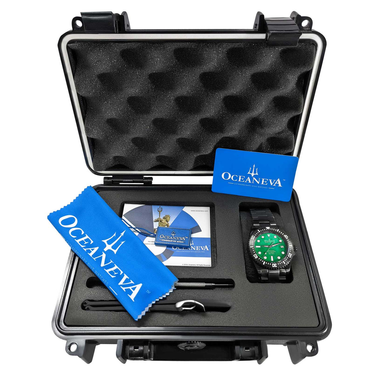 Oceaneva Men's Deep Marine Explorer III 3000M Pro Diver Watch Green Mother Of Pearl Dial Black IP With packaging