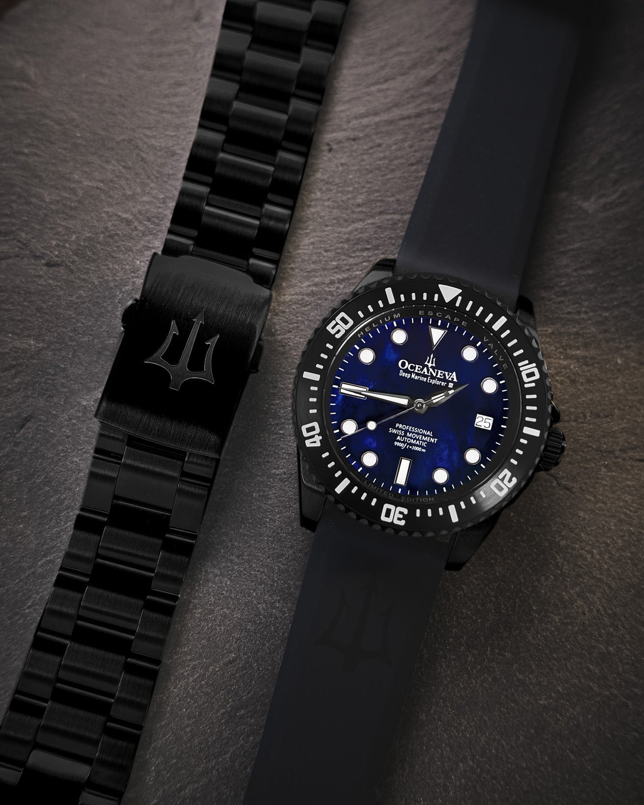 Oceaneva 3000M Dive Watch Navy Blue Mother of Pearl Front Pictured With Rubber Strap