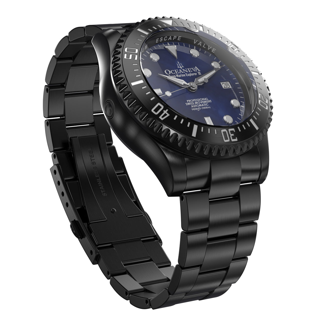 Oceaneva 3000M Dive Watch Navy Blue Mother of Pearl Front Picture Slight Right Slant View