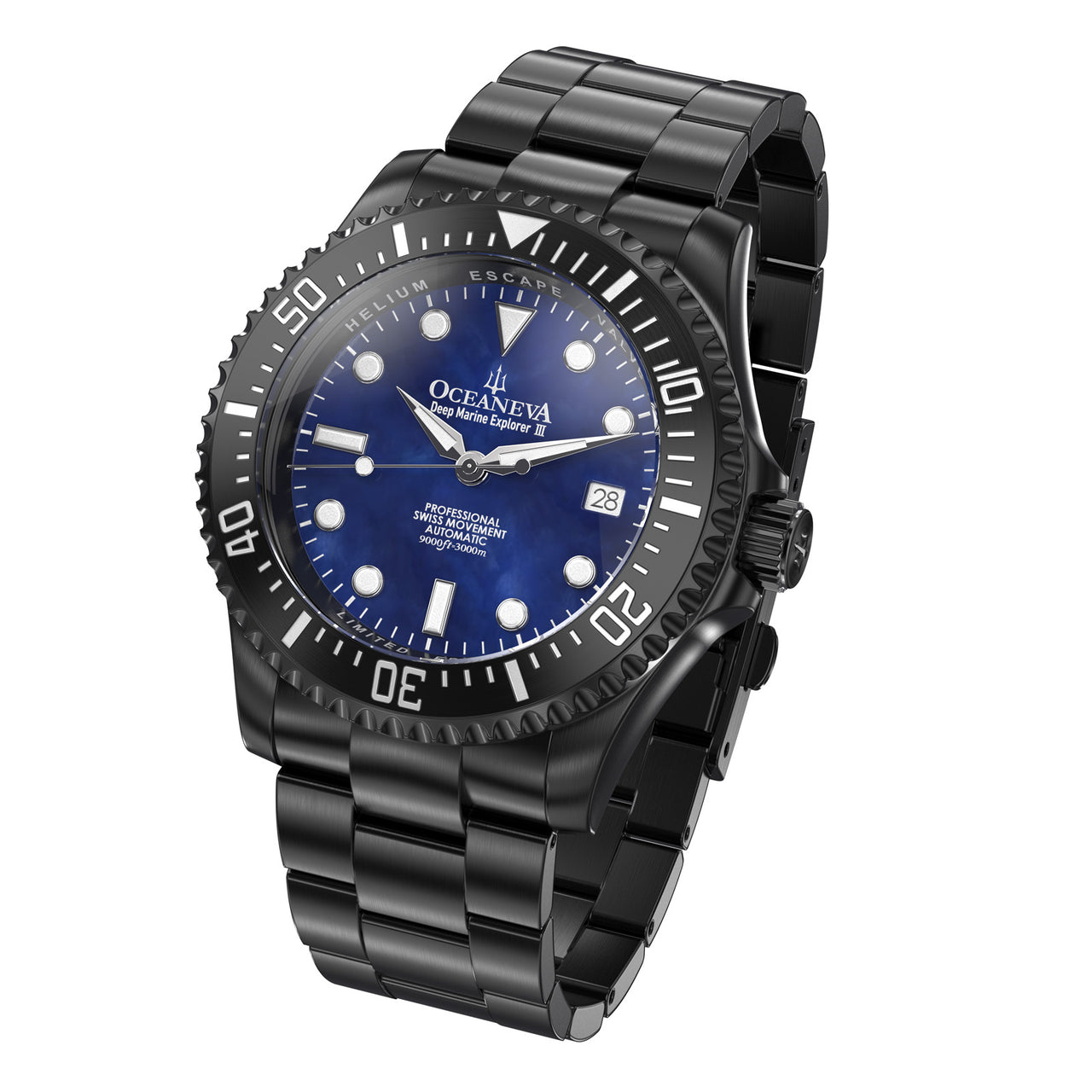 Oceaneva 3000M Dive Watch Navy Blue Mother of Pearl Front Picture Slight Left Slant View
