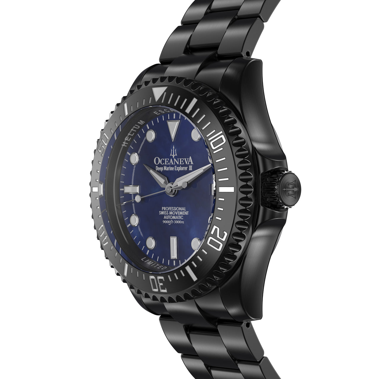 Oceaneva 3000M Dive Watch Navy Blue Mother of Pearl Side View Crown 