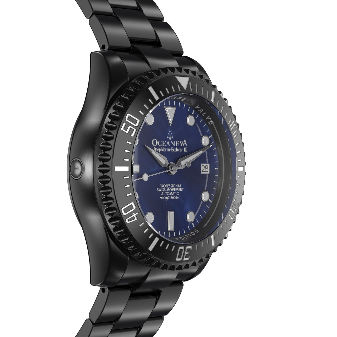Oceaneva 3000M Dive Watch Navy Blue Mother of Pearl Side Helium Escape Valve View