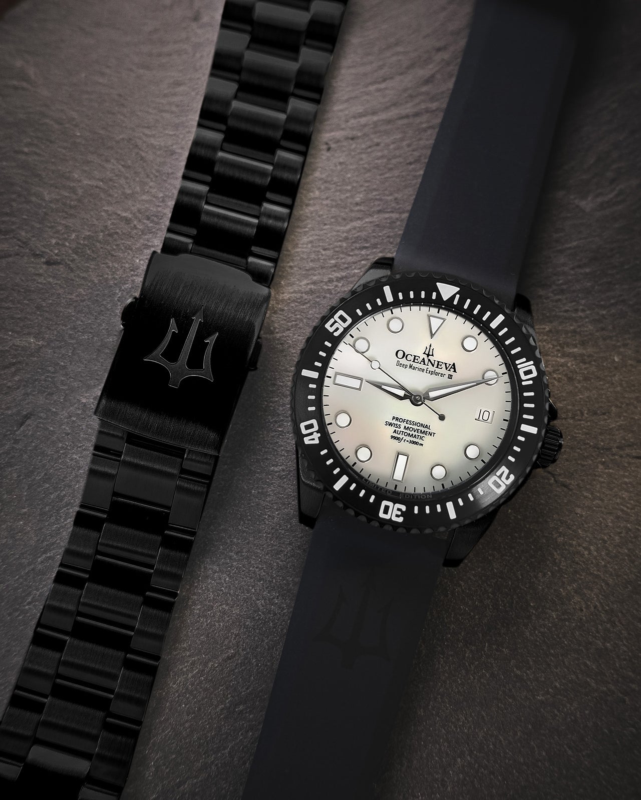 Oceaneva 3000M Dive Watch White Mother of Pearl Front Pictured With Rubber Strap
