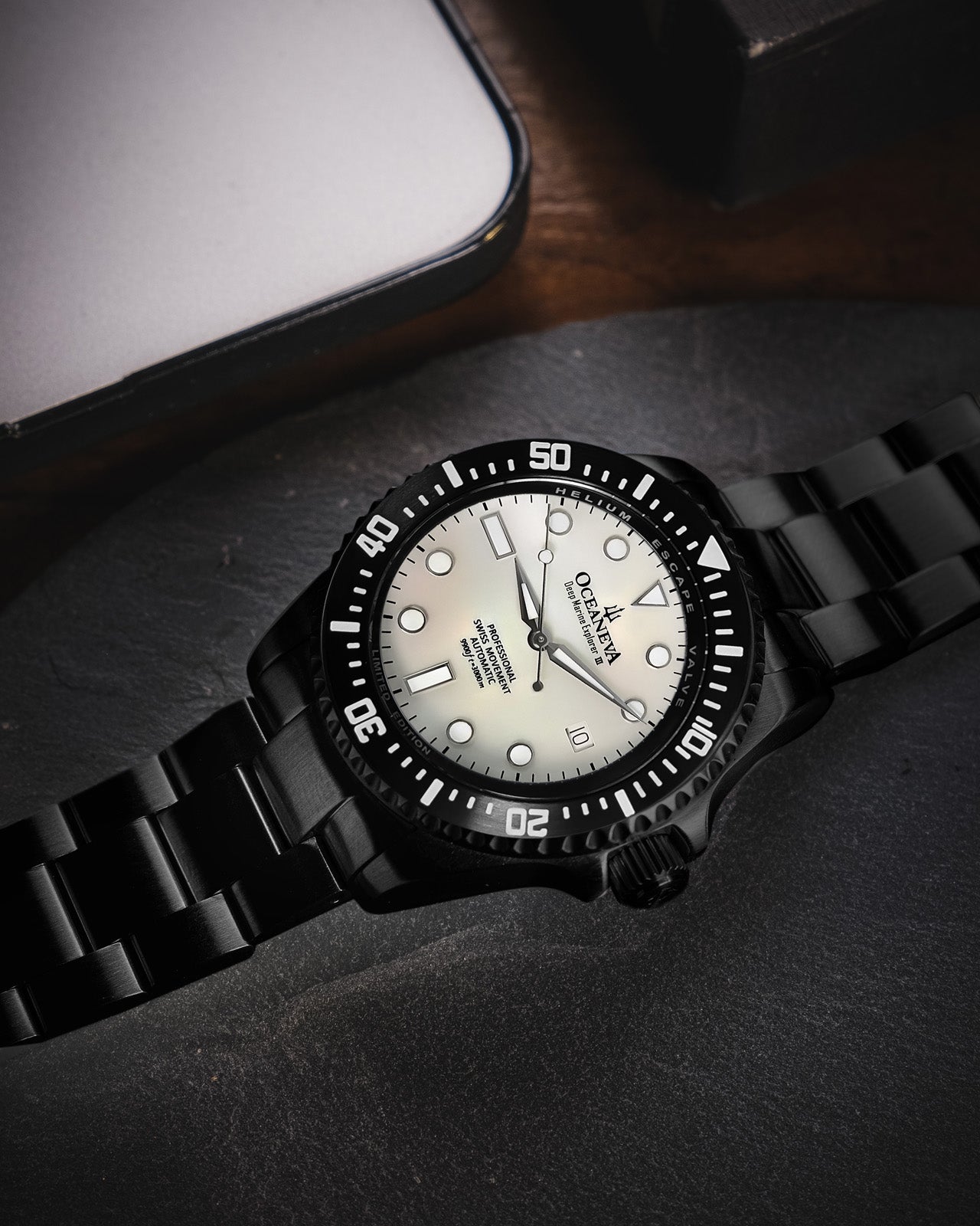 Oceaneva 3000M Dive Watch White Mother of Pearl Lying Flat