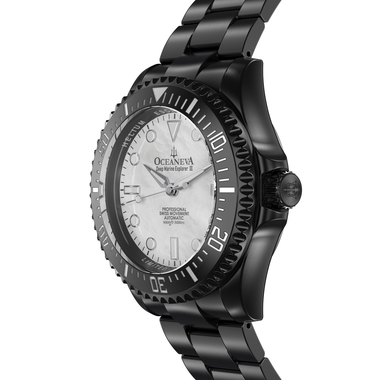 Oceaneva 3000M Dive Watch White Mother of Pearl Side View Crown