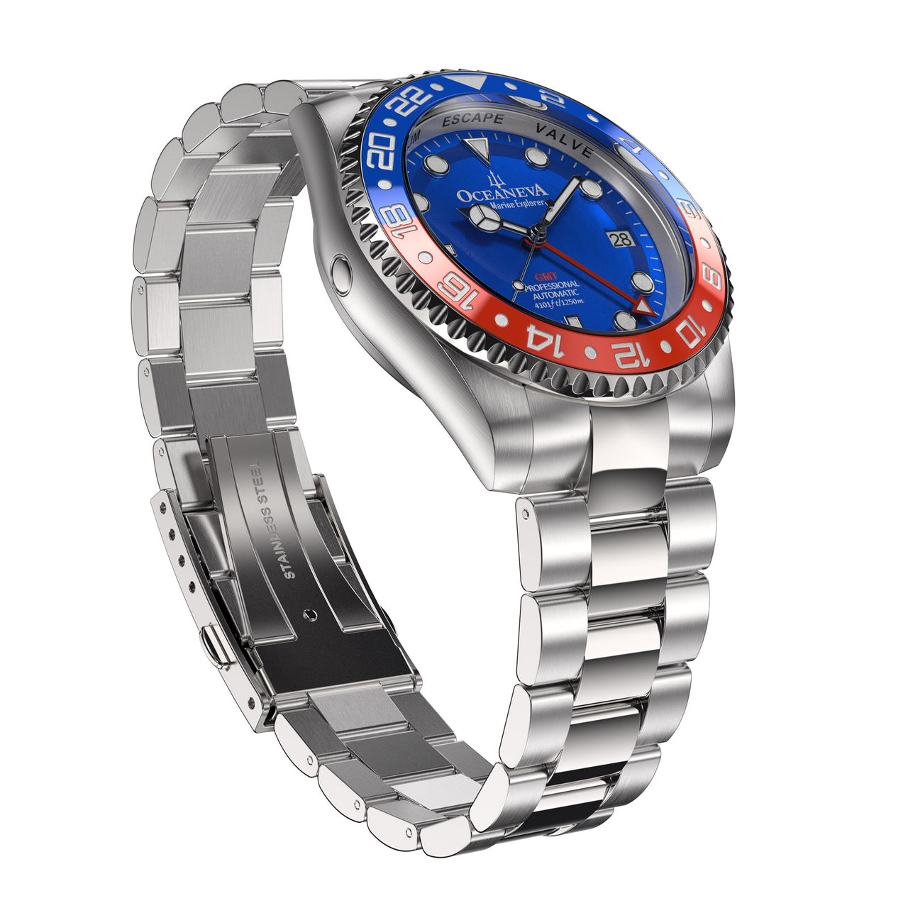 Oceaneva™ Men's GMT Automatic Deep Marine Explorer 1250M Pro Diver Red Blue Bezel Blue Dial Watch