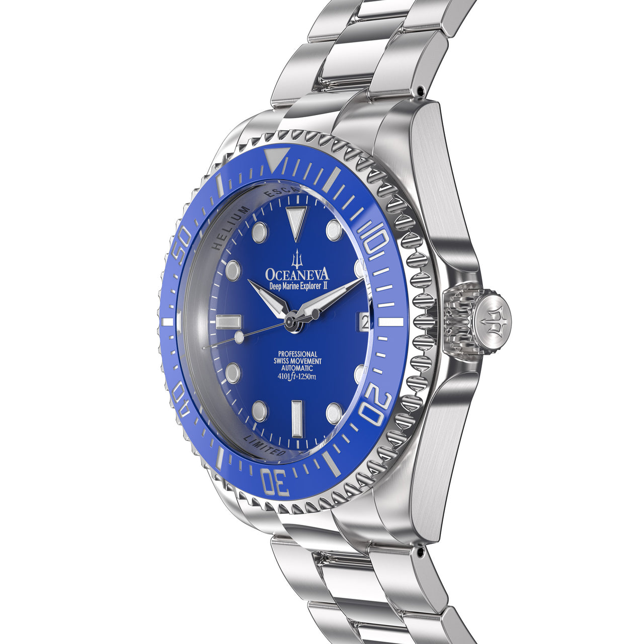 Oceaneva 1250M Dive Watch Blue Side View Crown