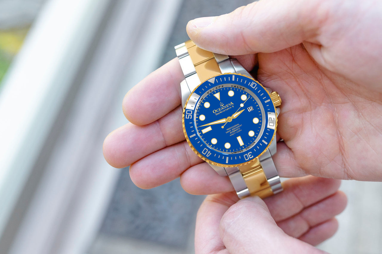 Oceaneva 1250M Dive Watch Blue and Gold In Hands