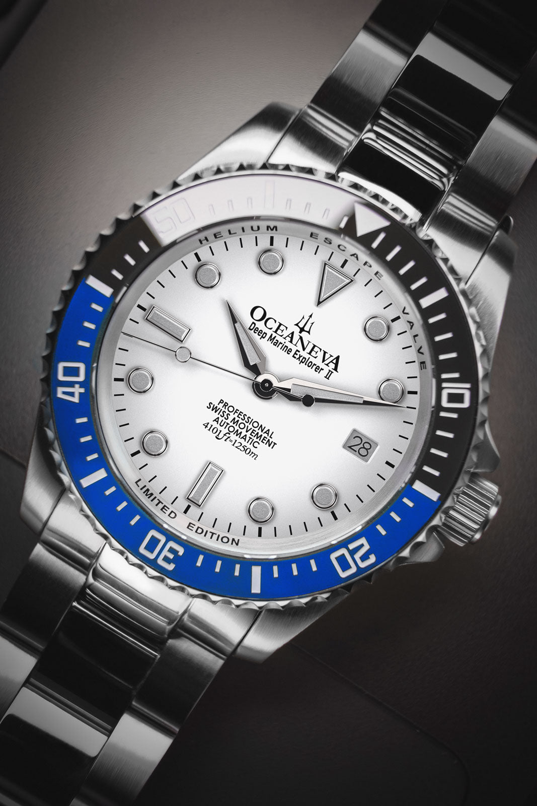 Oceaneva 1250M Dive Watch Blue/Black Bezel White Dial Straight Front Close Up