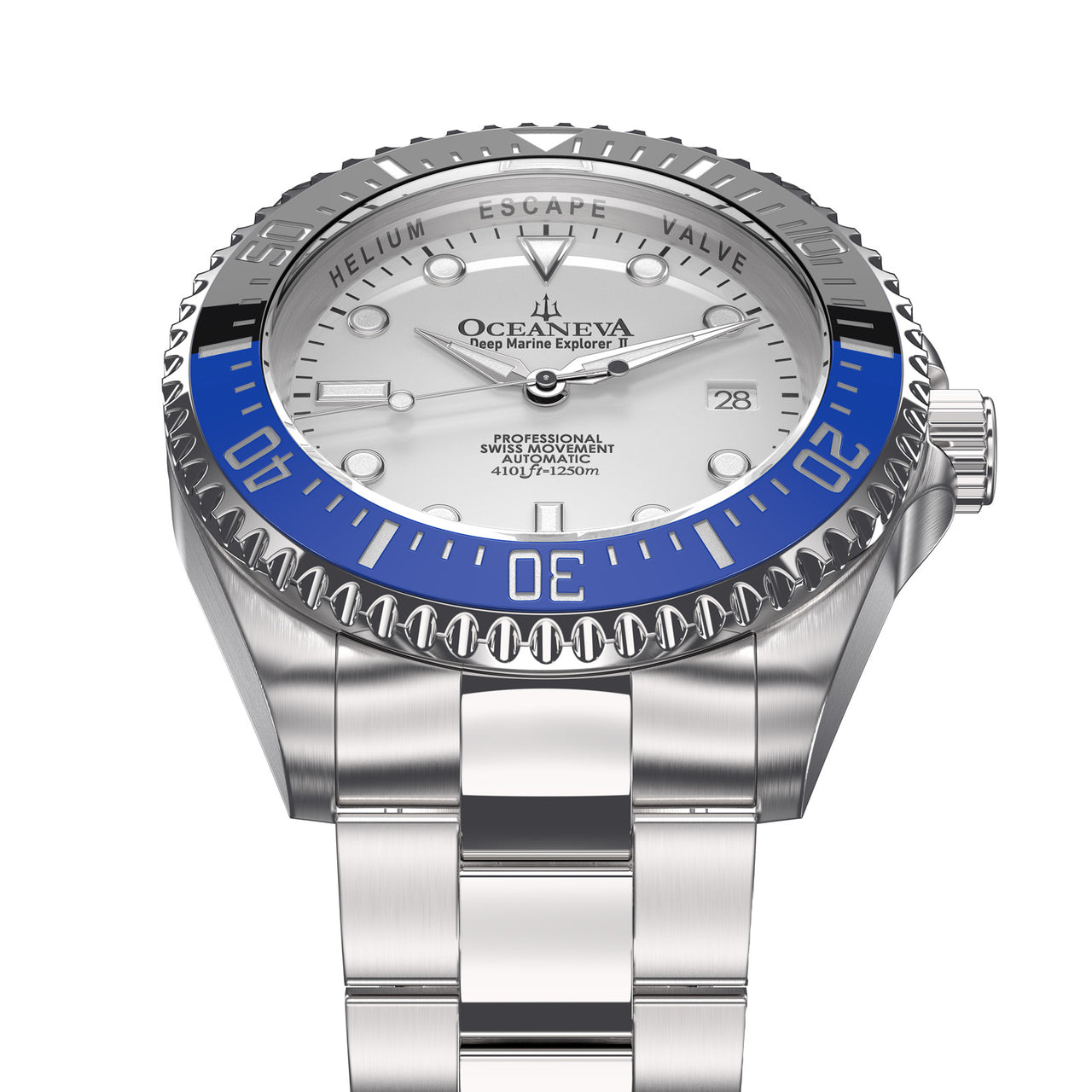 Oceaneva 1250M Dive Watch Blue/Black Bezel White Dial Frontal View Picture
