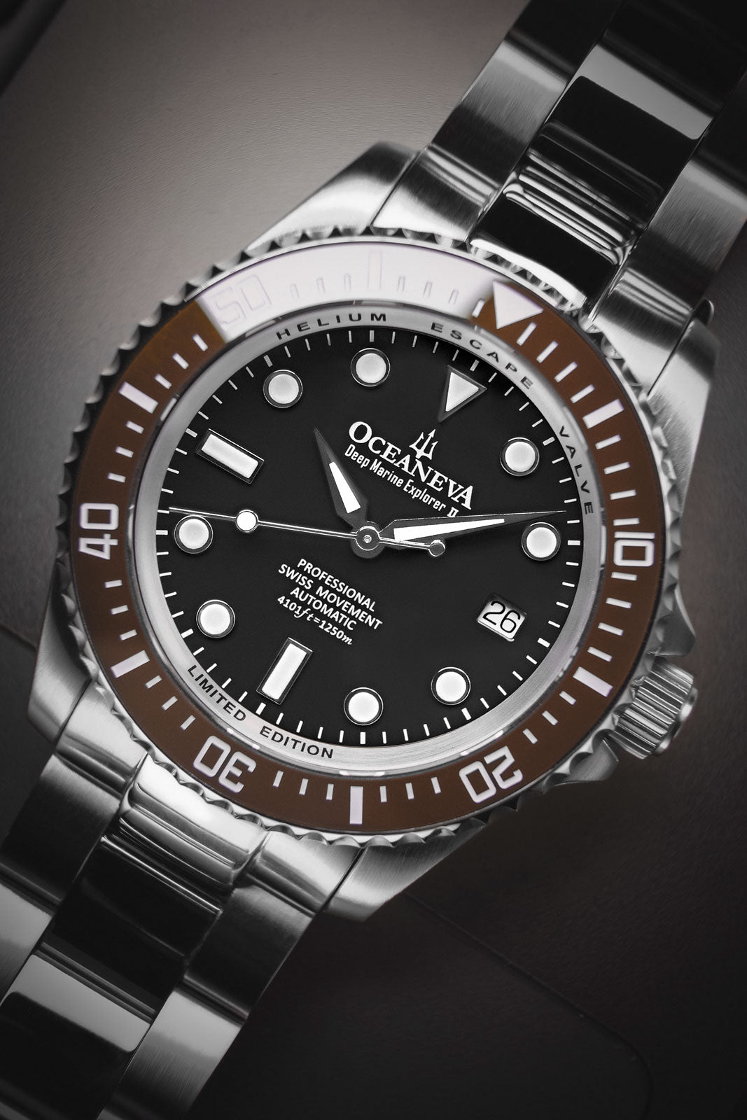 Oceaneva 1250M Dive Watch Brown Bezel Black Dial Straight Front Close Up