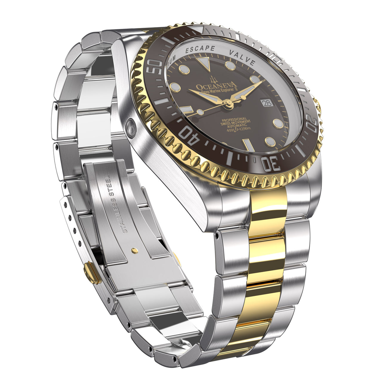Oceaneva 1250M Dive Watch Brown And Gold Front Picture Right Side Clasp View