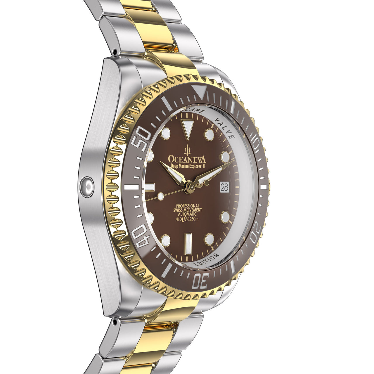 Oceaneva 1250M Dive Watch Brown And Gold Side Helium Escape Valve View