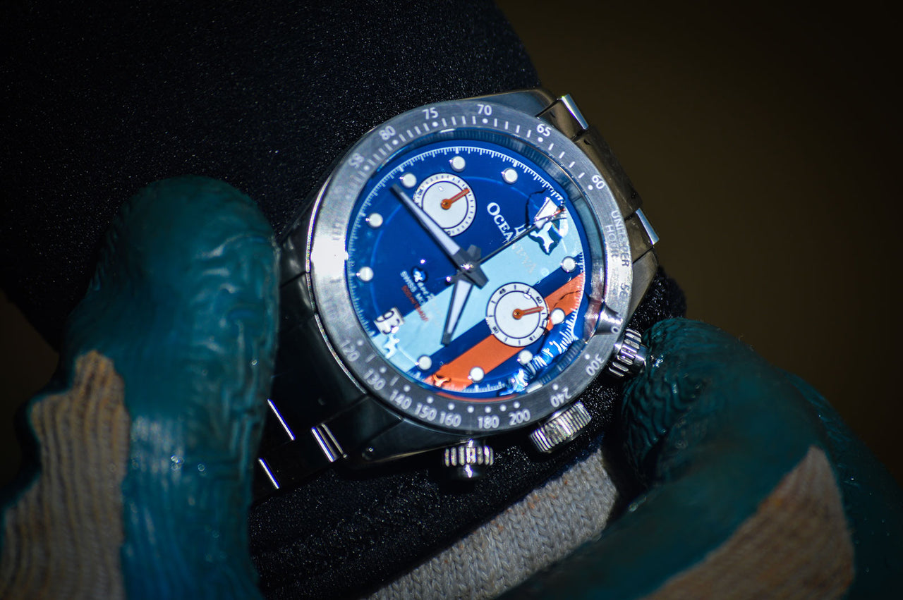 Oceaneva Blue Striped Chronograph Watch On Wrist