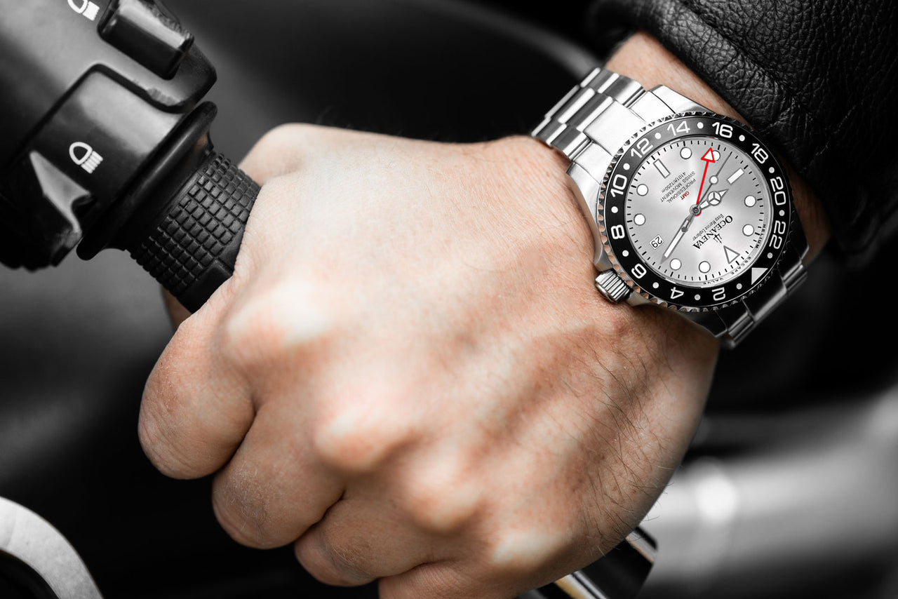 Oceaneva 1250M GMT Dive Watch Silver And Black On Wrist 2