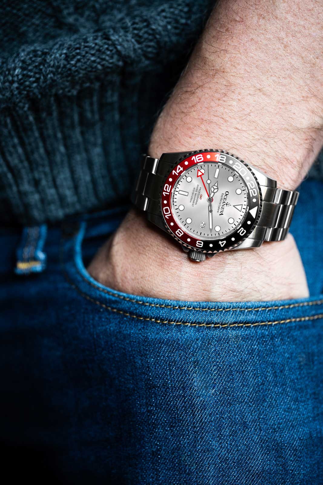 Oceaneva 1250M GMT Dive Watch Silver Red And Black On Wrist