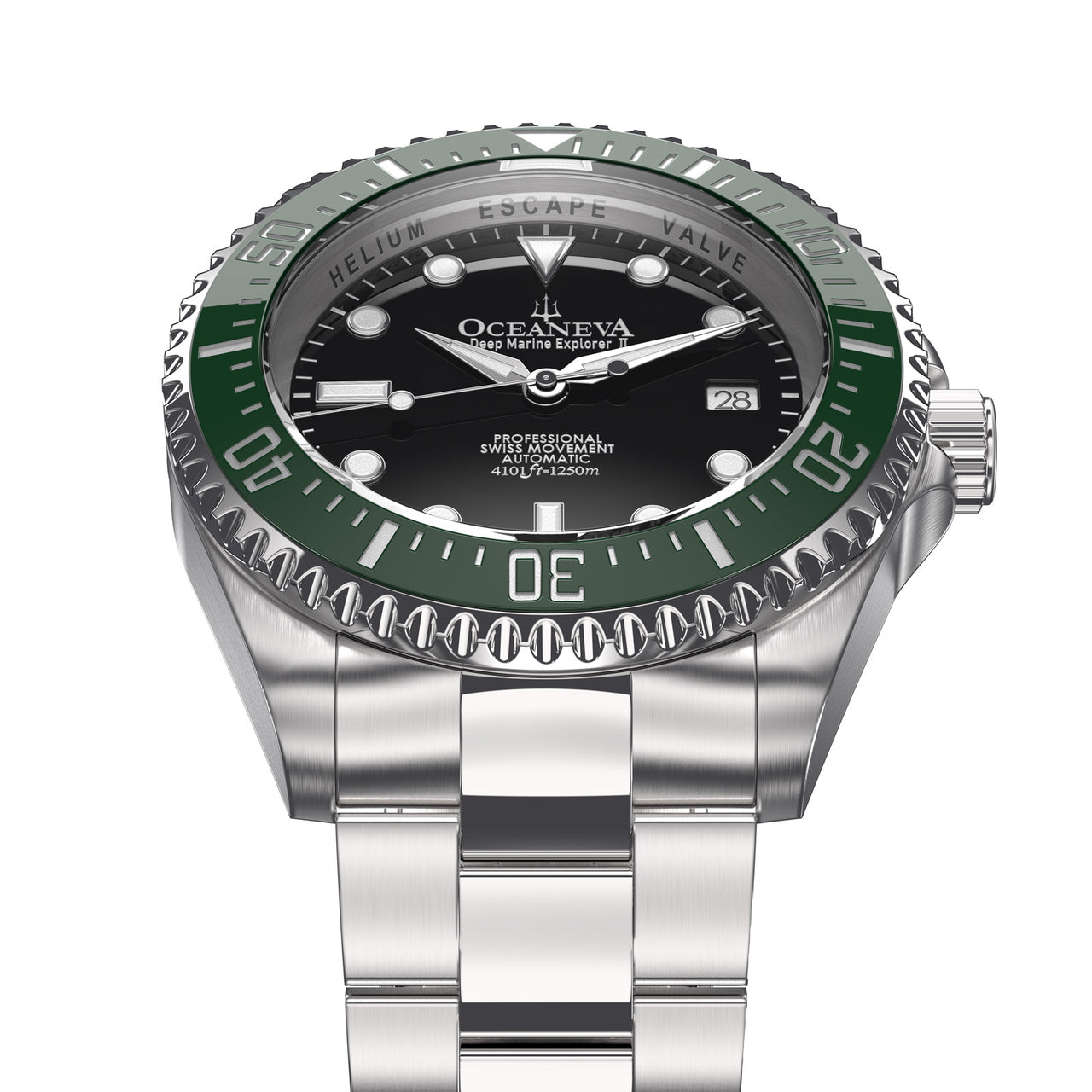 Oceaneva 1250M Dive Watch Green Bezel Black Dial Frontal View Picture