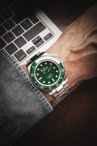 Thumbnail for Oceaneva 1250M Dive Watch Green On Wrist Denim Sleeve