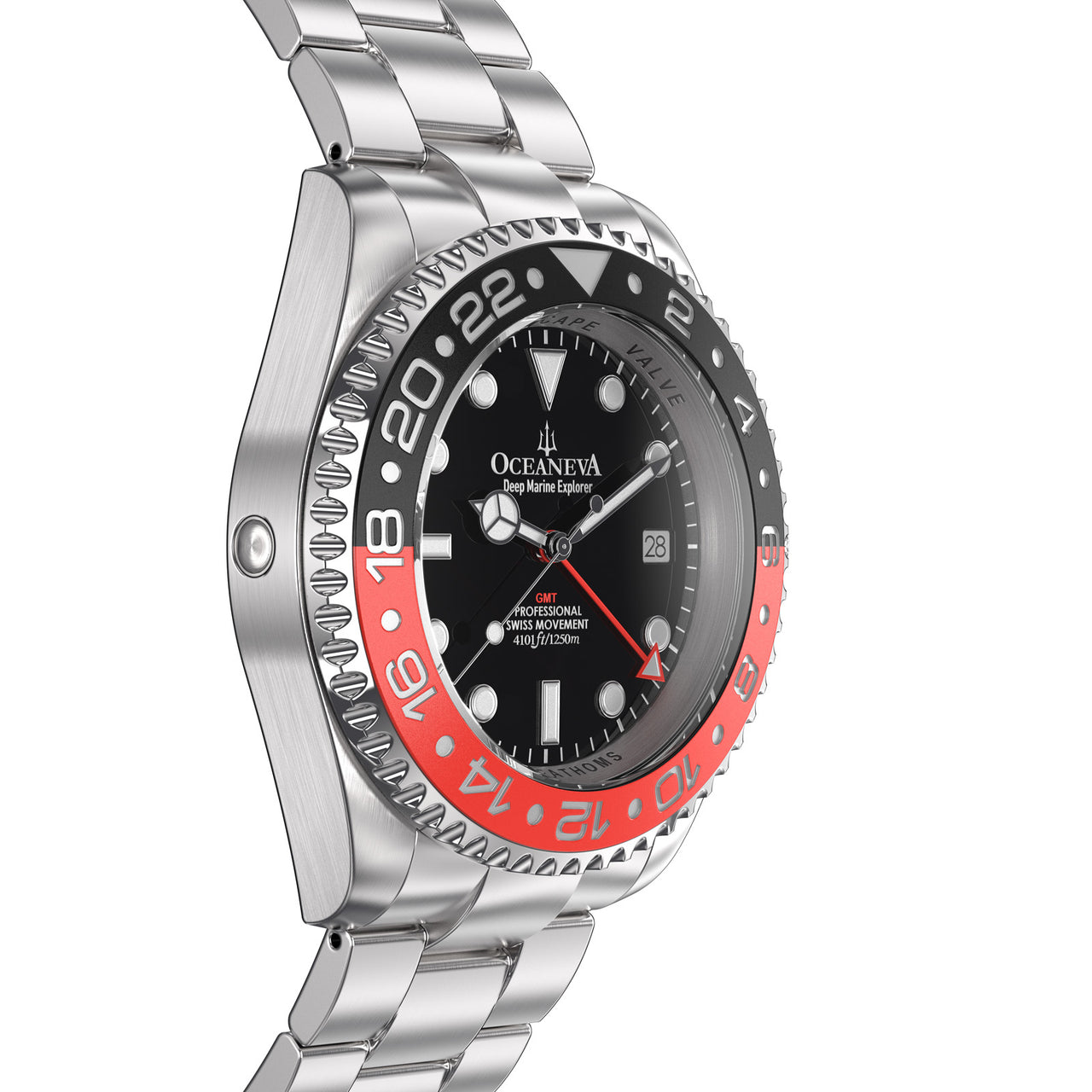 Oceaneva 1250M GMT Dive Watch Red And Black Side Helium Escape Valve View