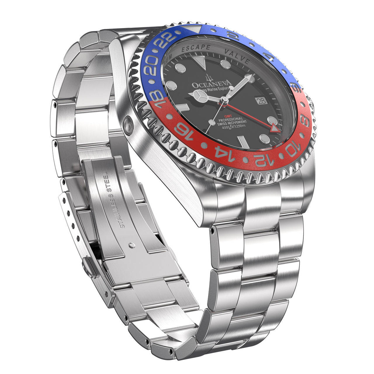 Oceaneva 1250M GMT Dive Watch Blue And Red Front Picture Slight Right Slant View