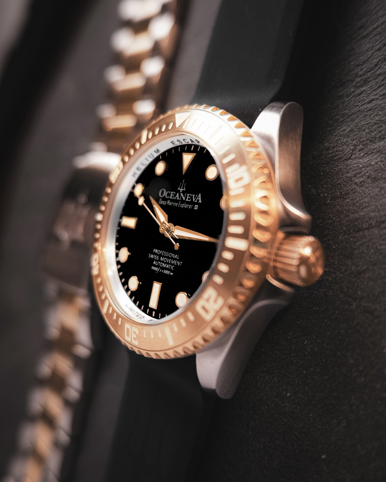 Oceaneva 3000M Dive Watch Black and Rose Gold Side View With Rubber Strap