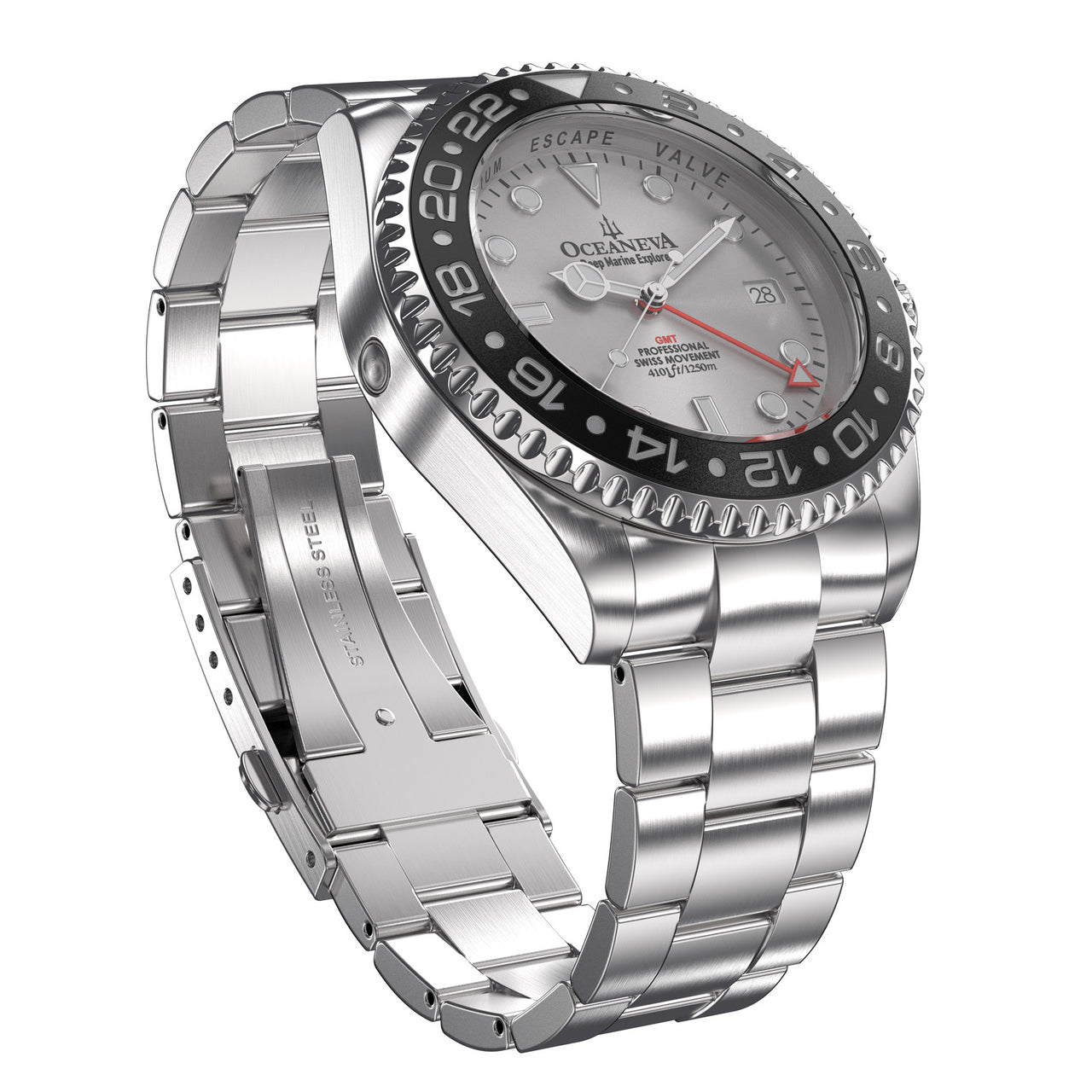 Oceaneva 1250M GMT Dive Watch Silver And Black Front Picture Slight Right Slant View