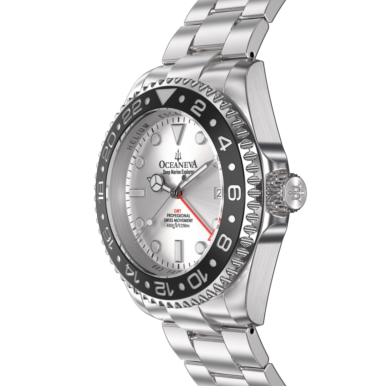 Oceaneva 1250M GMT Dive Watch Silver And Black Side View Crown