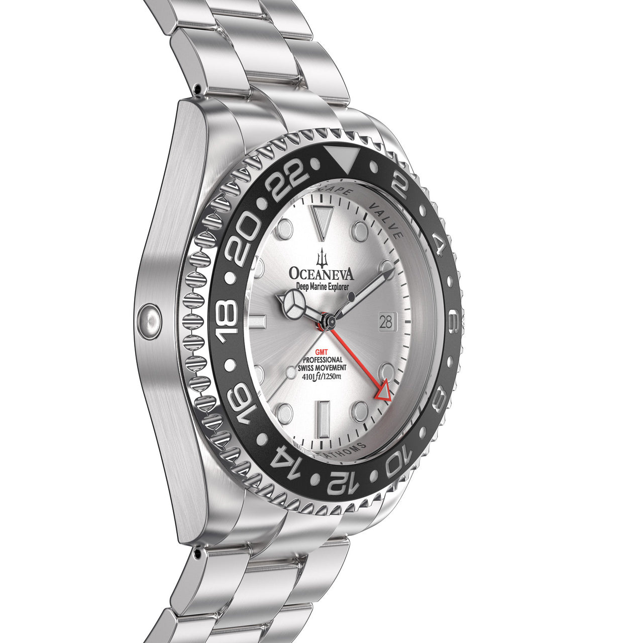 Oceaneva 1250M GMT Dive Watch Silver And Black Side Helium Escape Valve View
