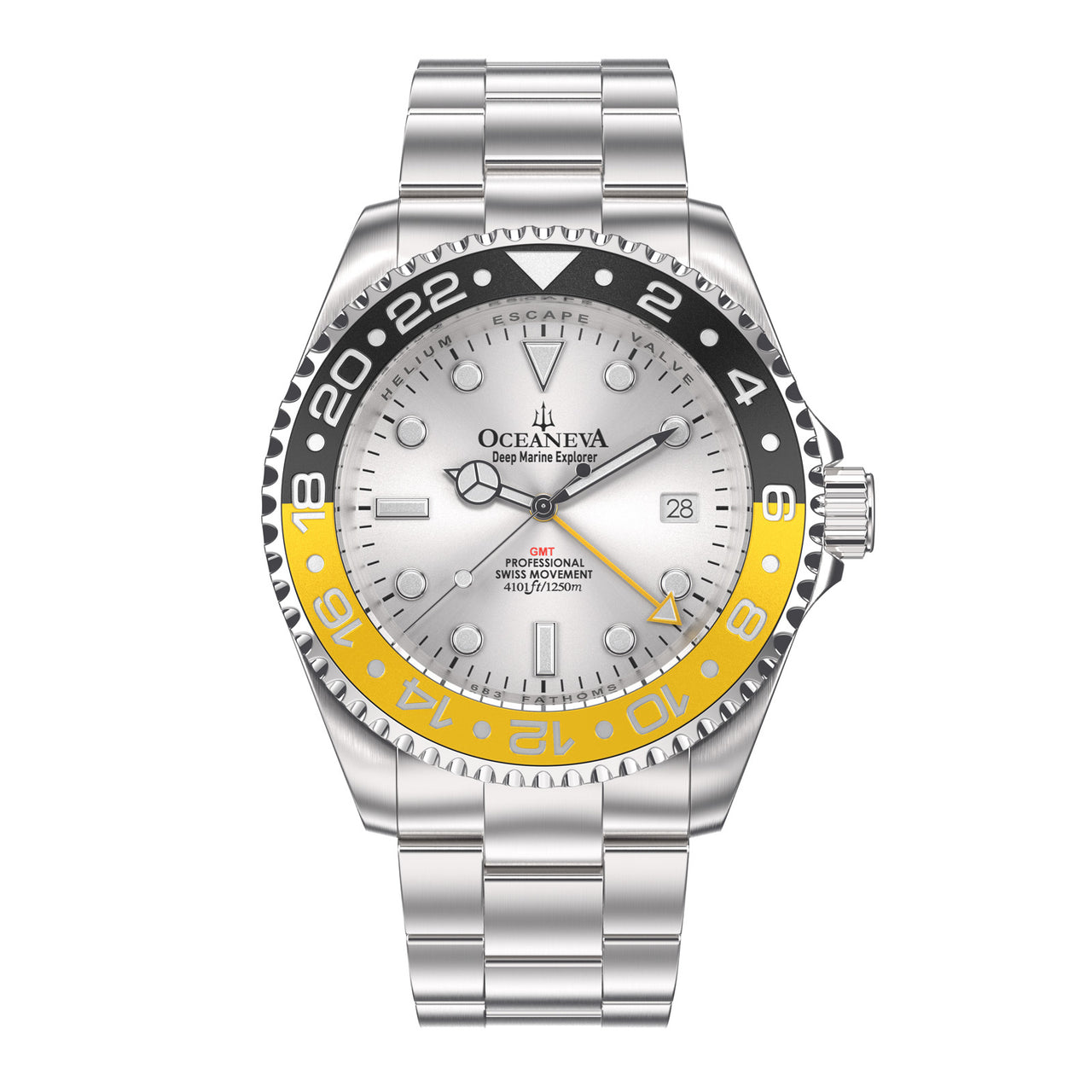 Oceaneva™ Men's GMT Deep Marine Explorer 1250M Pro Diver Silver Dial Watch Yellow and Black