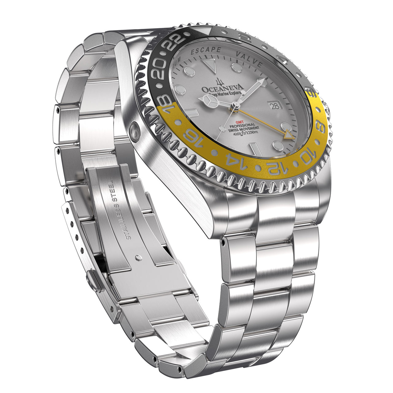 Oceaneva 1250M GMT Dive Watch Silver Black and Yellow Front Picture Slight Right Slant View