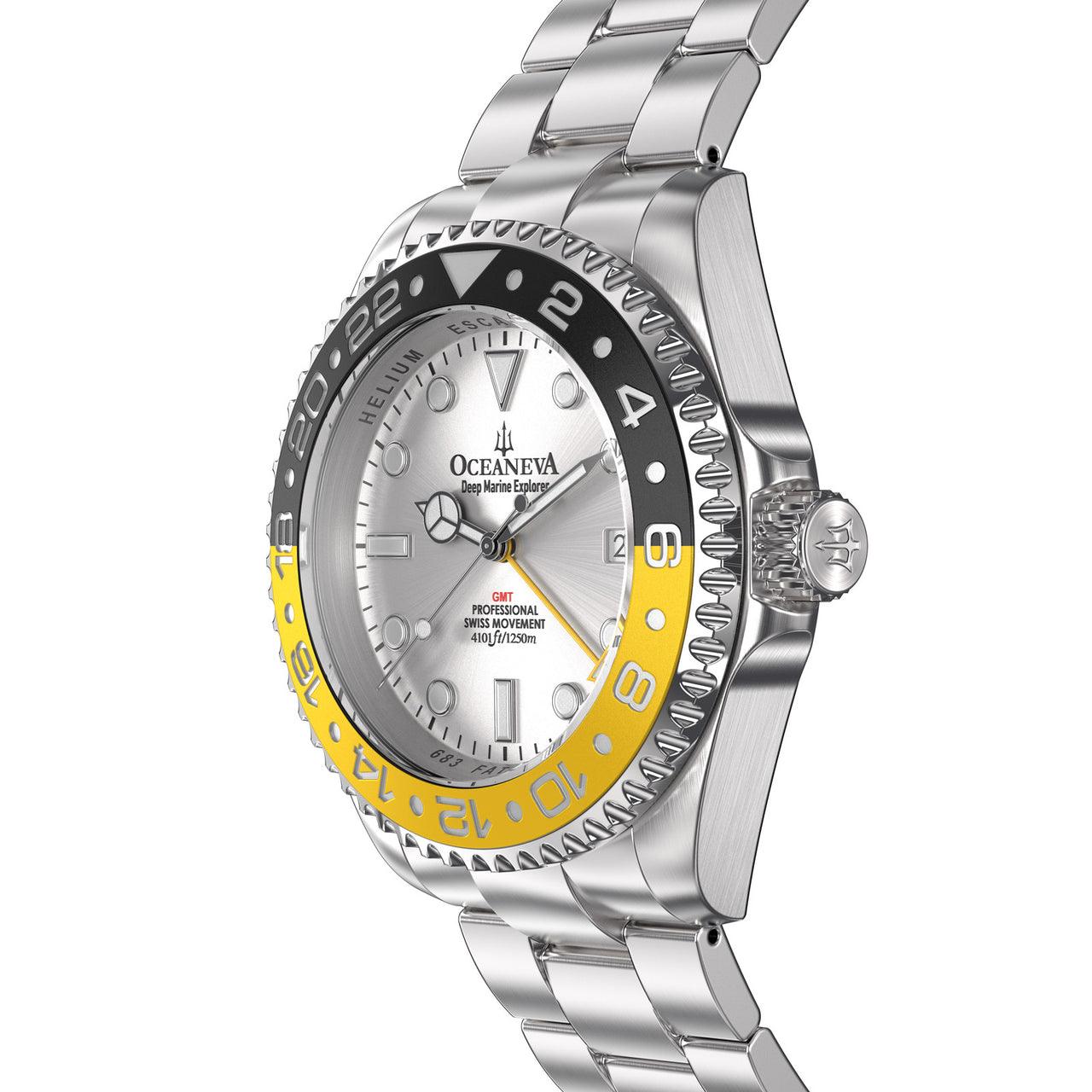 Oceaneva 1250M GMT Dive Watch Silver Black and Yellow Side View Crown