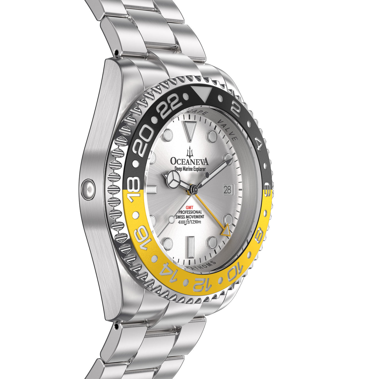 Oceaneva 1250M GMT Dive Watch Silver Black and Yellow Side Helium Escape Valve View