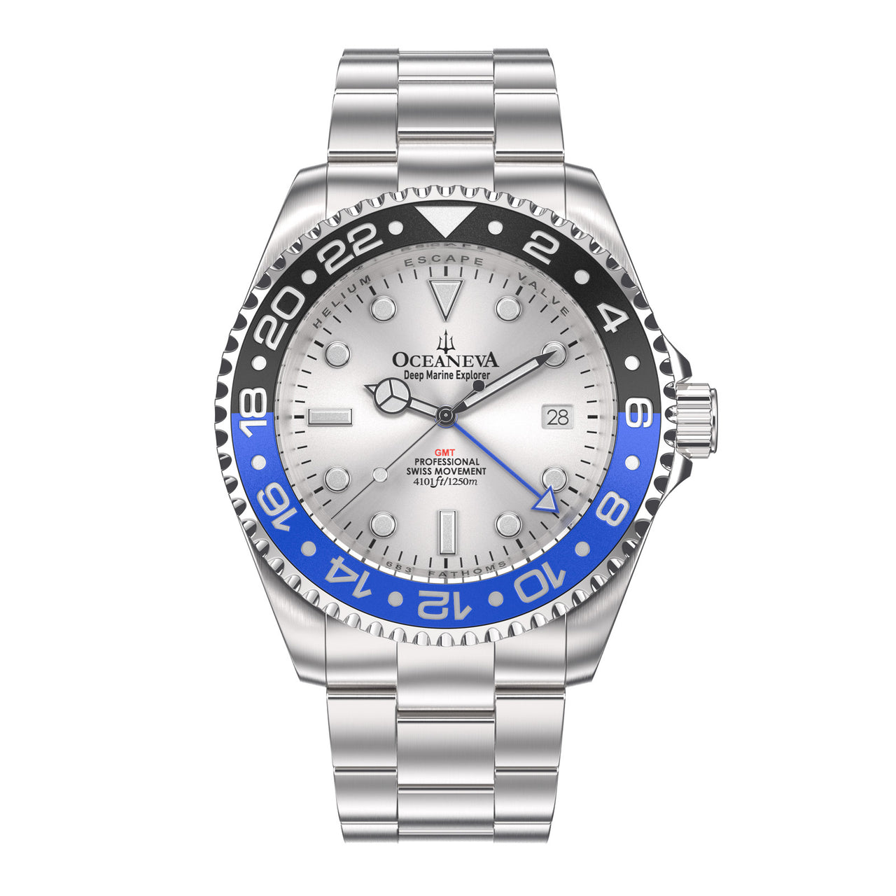 Oceaneva™ Men's GMT Deep Marine Explorer 1250M Pro Diver Watch Blue Black Silver Dial