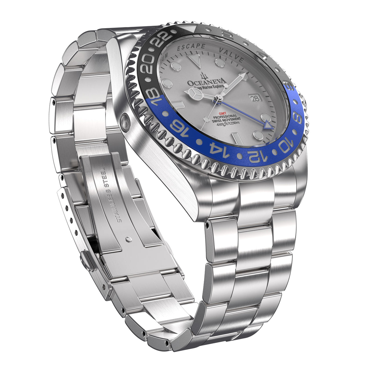 Oceaneva 1250M GMT Dive Watch Silver Blue And Black Front Picture Slight Right Slant View