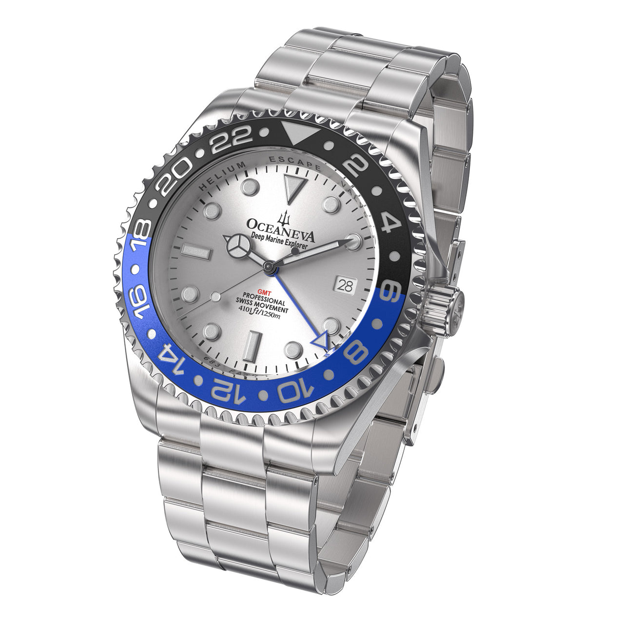 Oceaneva 1250M GMT Dive Watch Silver Blue And Black Front Picture Slight Left Slant View