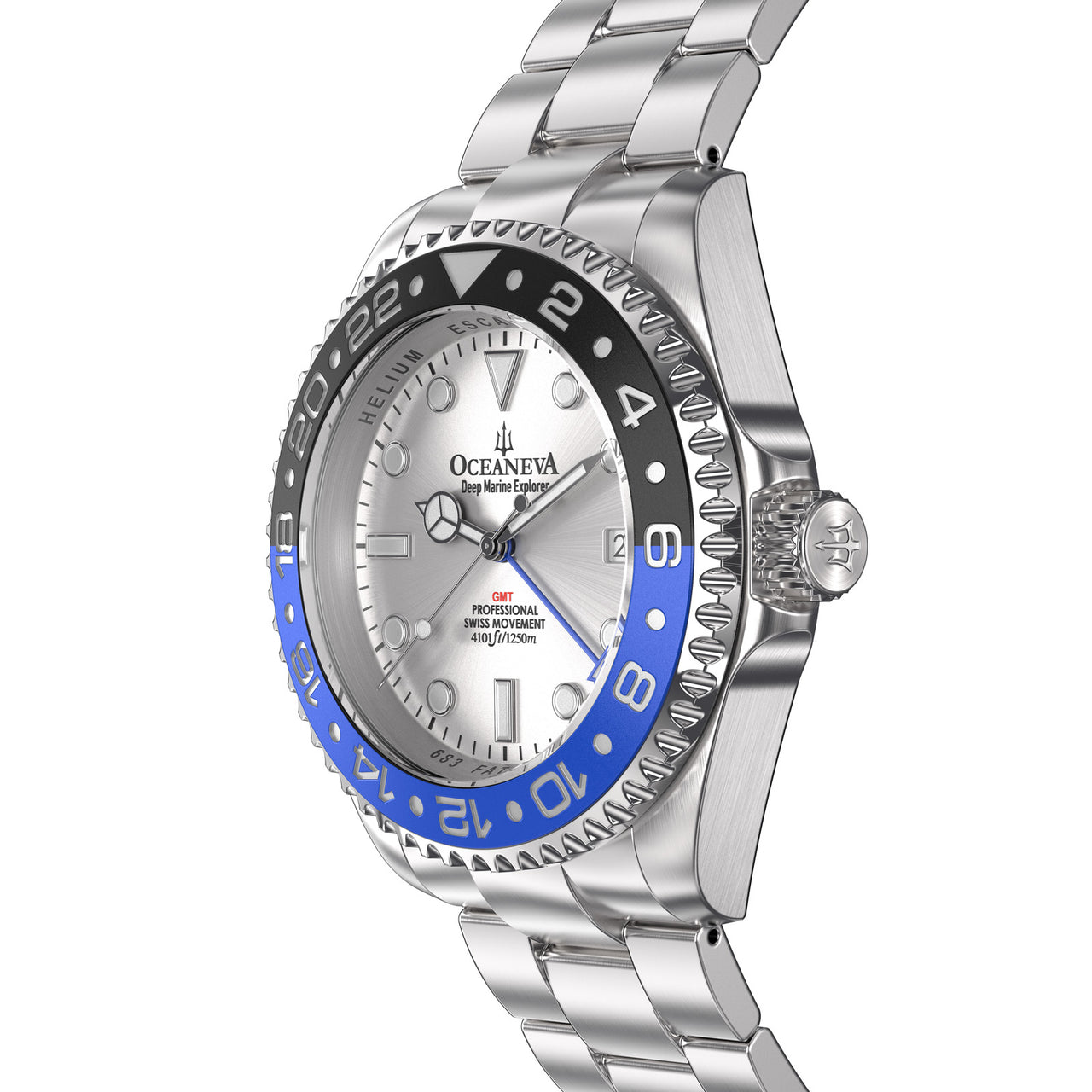Oceaneva 1250M GMT Dive Watch Silver Blue And Black Side View Crown