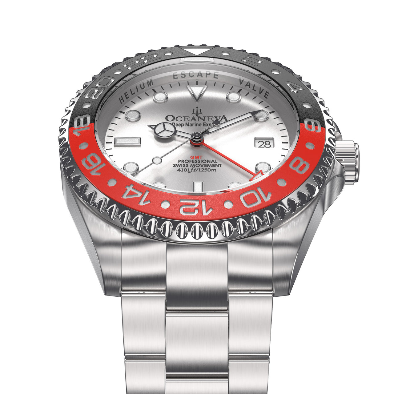 Oceaneva 1250M GMT Dive Watch Silver Red And Black Frontal View Picture