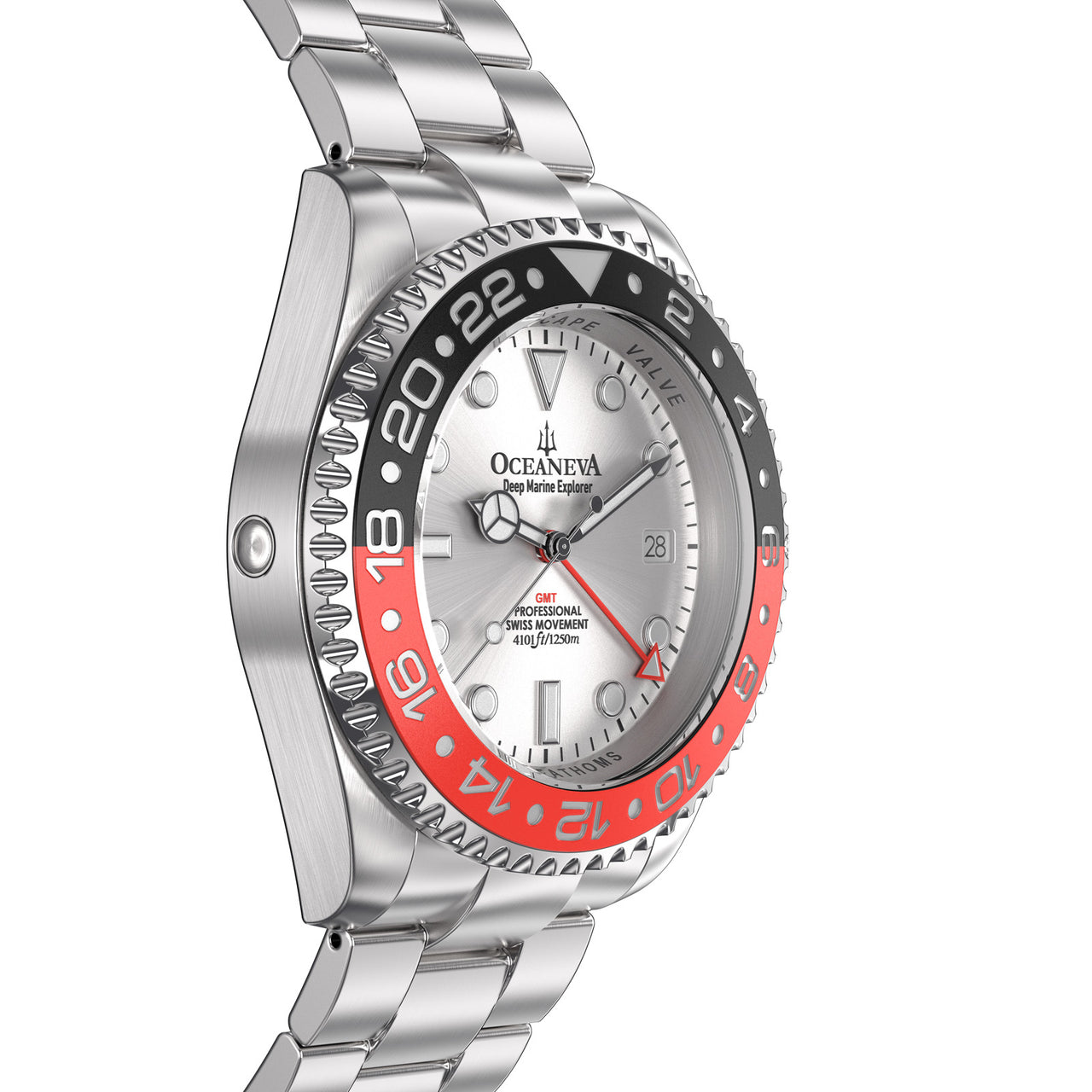 Oceaneva 1250M GMT Dive Watch Silver Red And Black Side Helium Escape Valve View