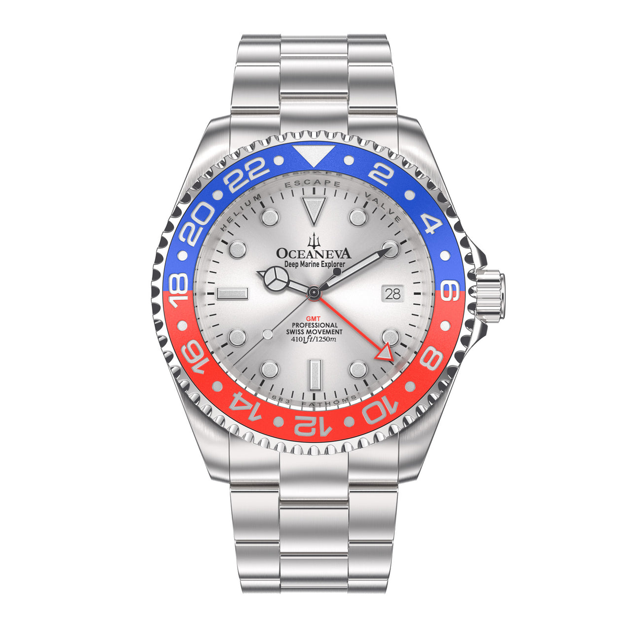 Oceaneva™ Men's GMT Deep Marine Explorer 1250M Pro Diver Watch Blue and Red Silver Dial