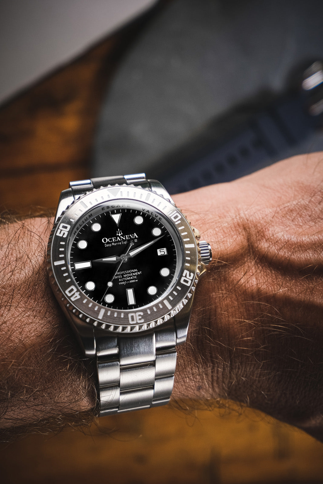 Oceaneva 3000M Dive Watch Black On Wrist