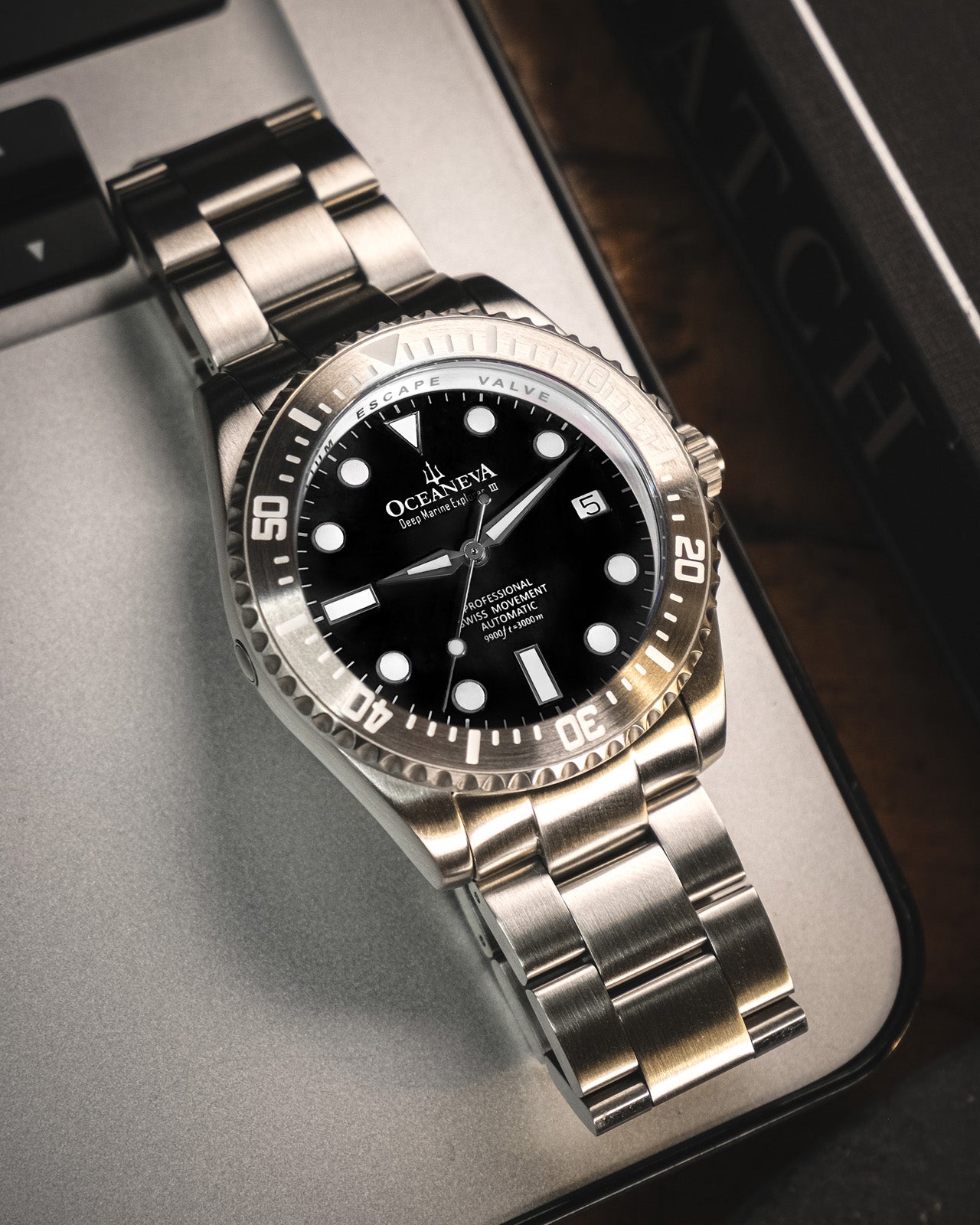 Oceaneva 3000M Dive Watch Black On Bracelet