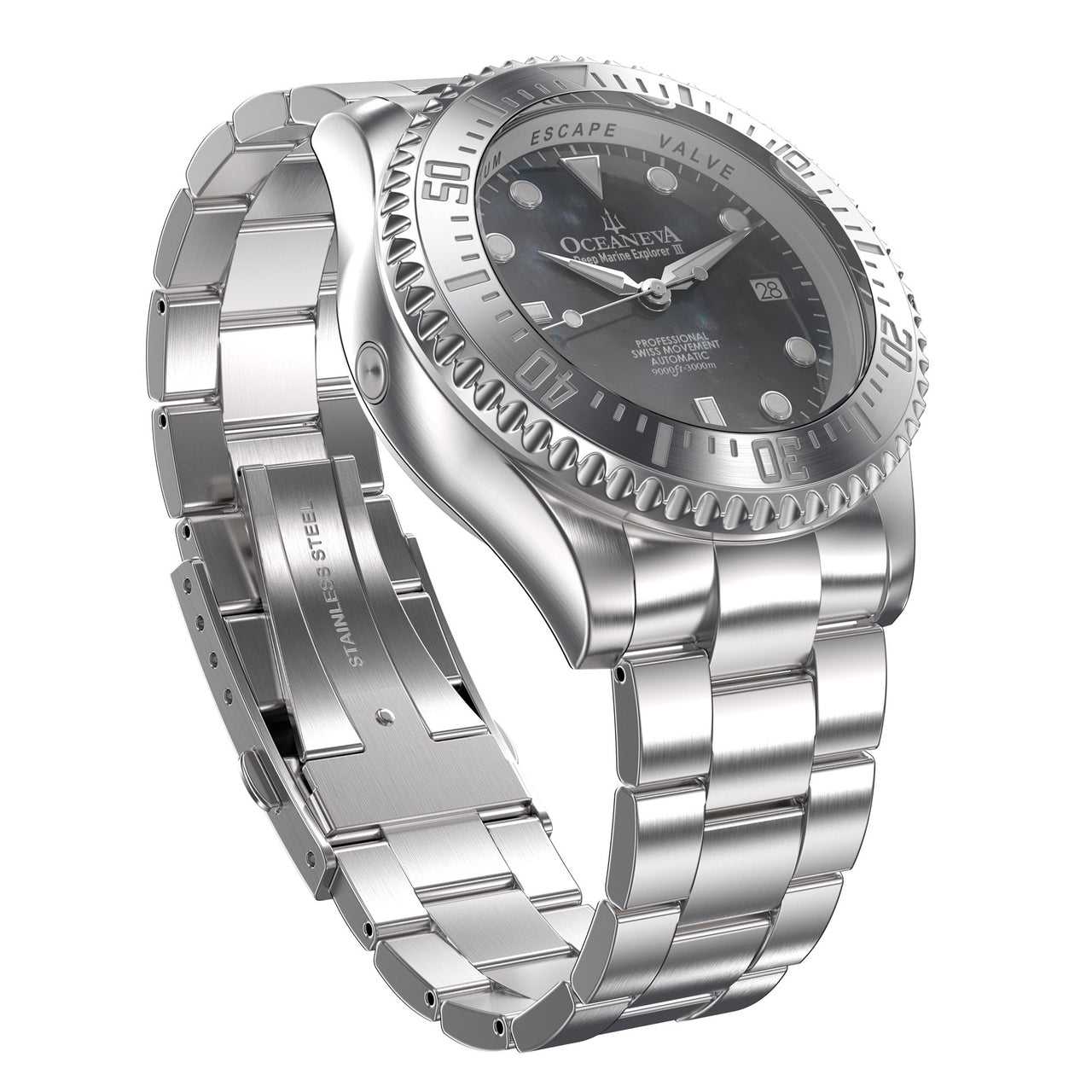 Oceaneva 3000M Dive Watch Gun Metal Gray Mother of Pearl Stainless Front Picture Slight Right Slant View