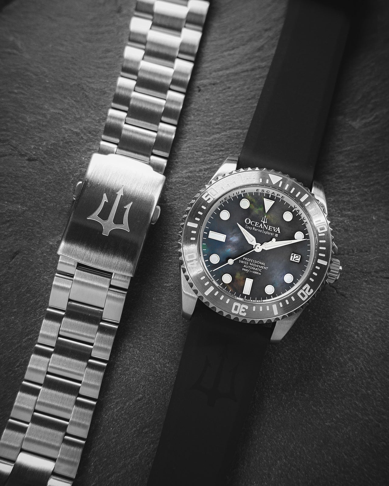 Oceaneva 3000M Dive Watch Gun Metal Gray Mother of Pearl Stainless Front Pictured With Rubber Strap